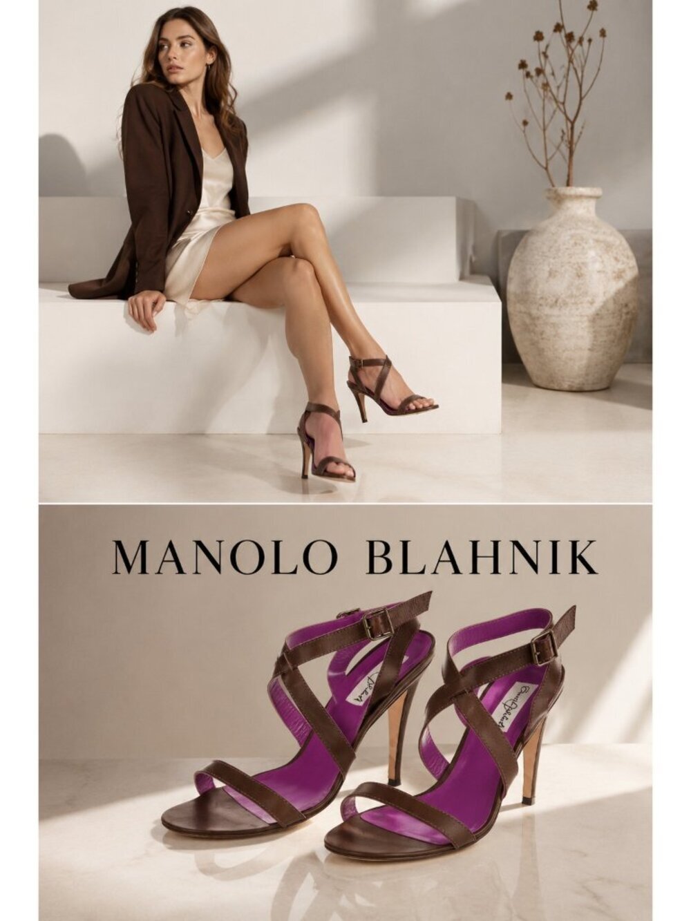 Manolo Blahnik Brown Leather Strappy Sandals Heels Purple Lining Italy EU 37.5